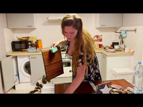 Aniela cooking breakfast and cleans the kitchen