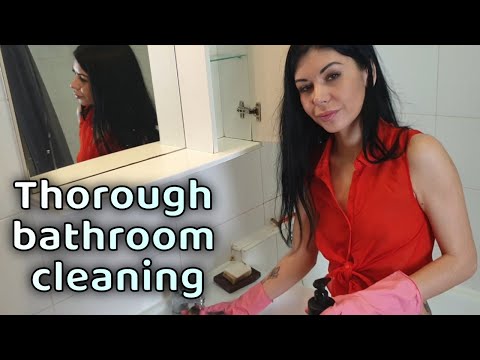 cute girl cleaning a bathroom || Adriana Hepburn  in red shirt