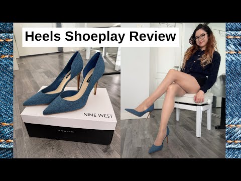 Denim Heels Shoeplay Try On Review! Nine West stilettos pumps nylons pantyhose stocking tight legs