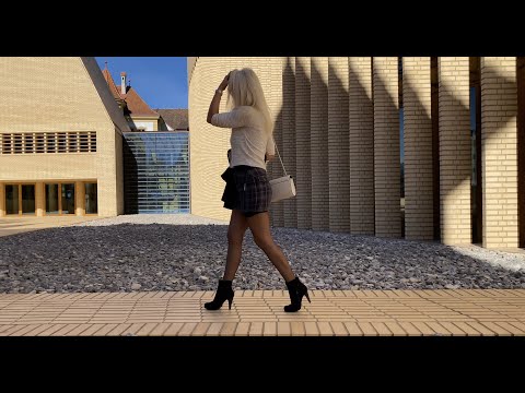 One day in Vaduz, Try On mini skirt and ankle boots in black stockings, walking in public, 4K