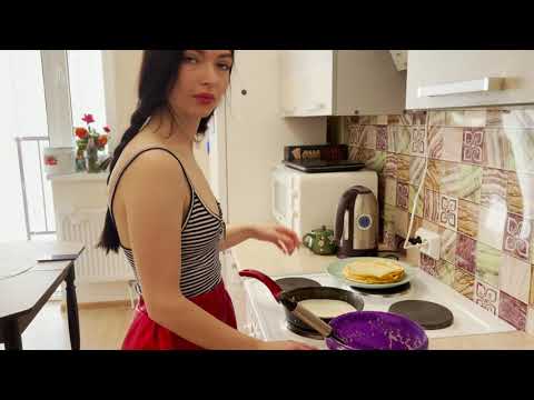 Polina cooks breakfast and eats