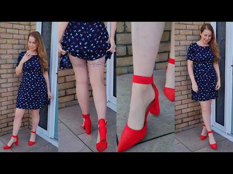 Reviewing red strappy platform heels outside | Try on review