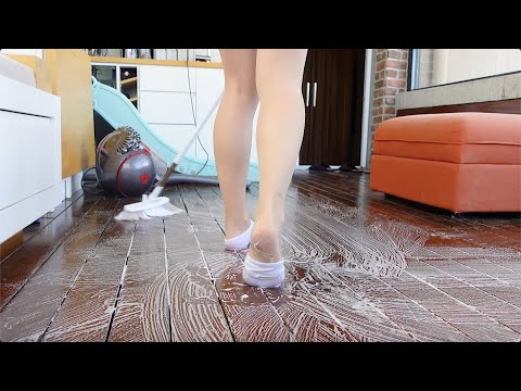 Scrubbing, Brushing & Vacuuming the Floor in Nude Pantyhose