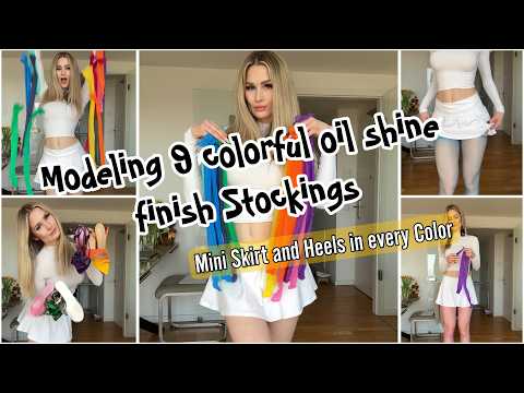 Shiny Stockings Try-On | 9 Colors Styled with Heels & Mini Skirt